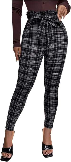 WDIRARA Women's Plaid Paperbag Waist Tie Front Stretch Belted Skinny Pants