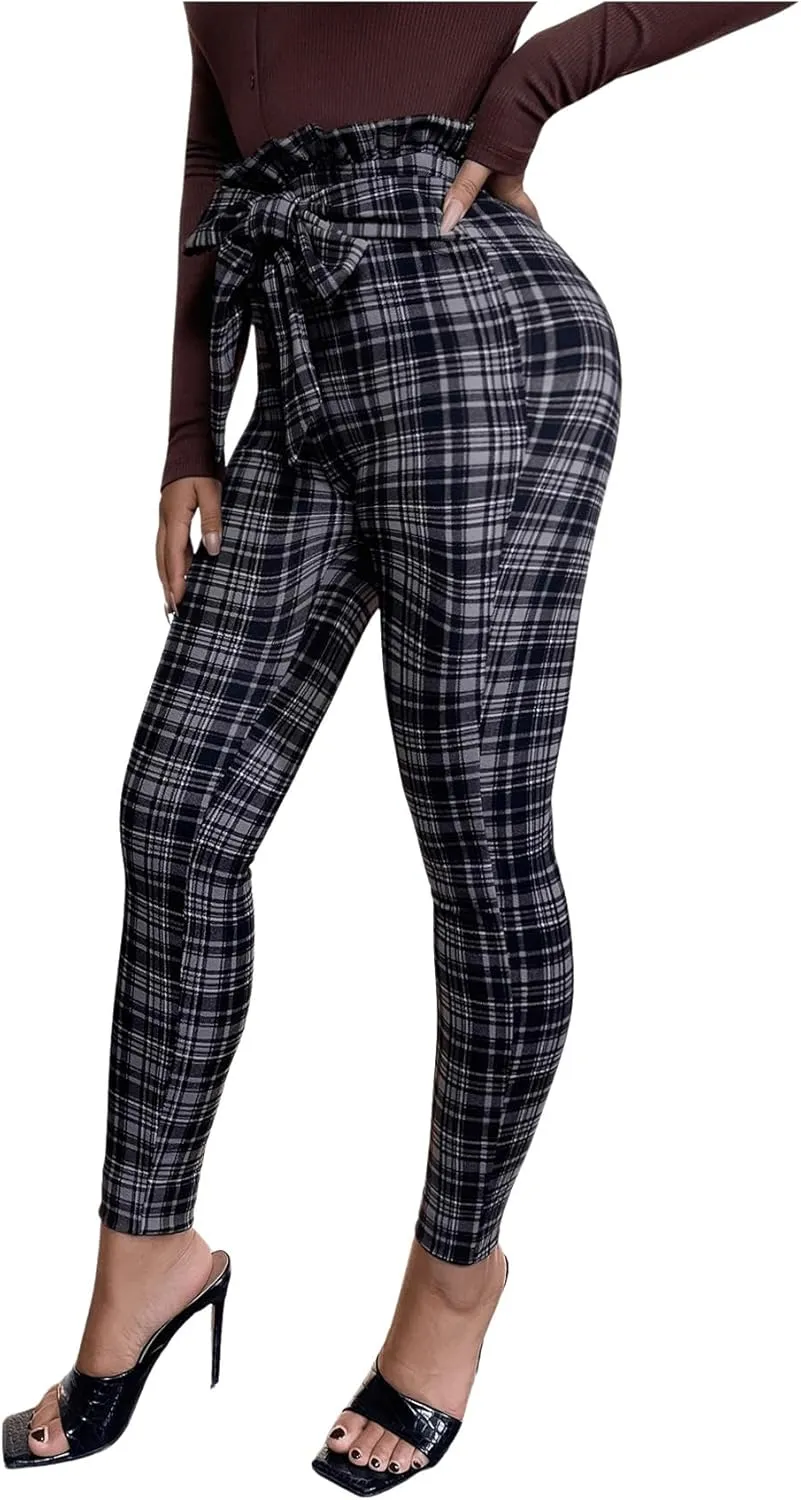 WDIRARA Women's Plaid Paperbag Waist Tie Front Stretch Belted Skinny Pants