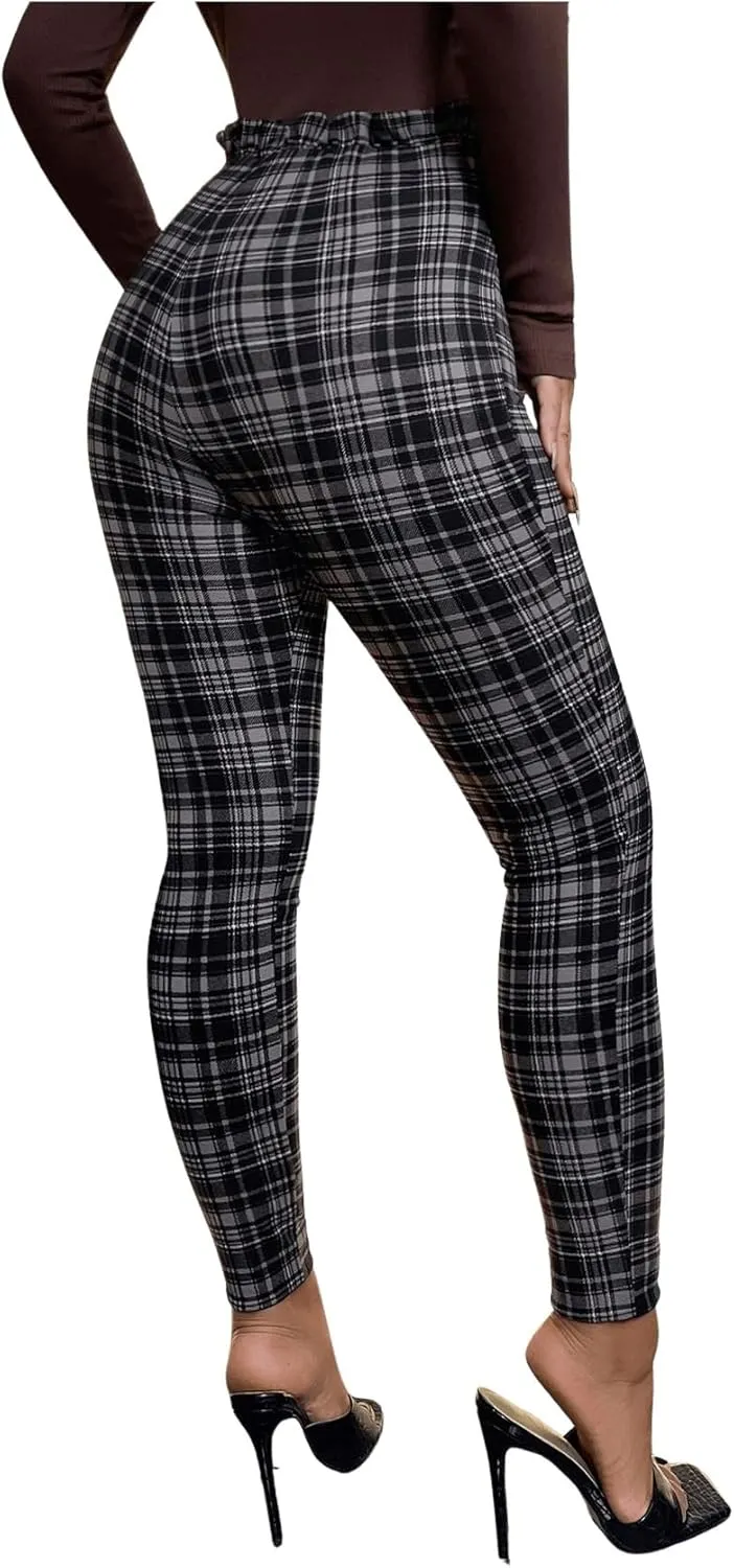 WDIRARA Women's Plaid Paperbag Waist Tie Front Stretch Belted Skinny Pants