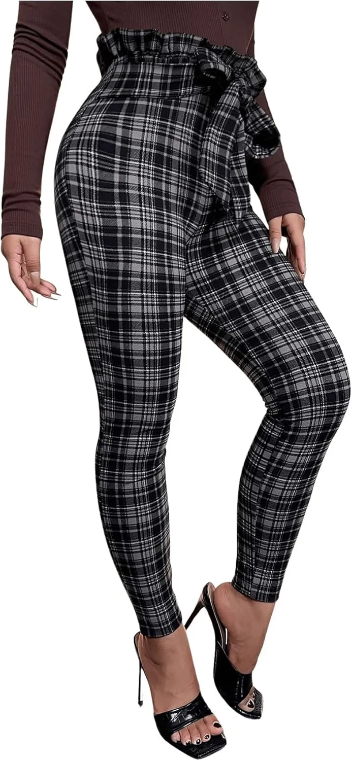 WDIRARA Women's Plaid Paperbag Waist Tie Front Stretch Belted Skinny Pants