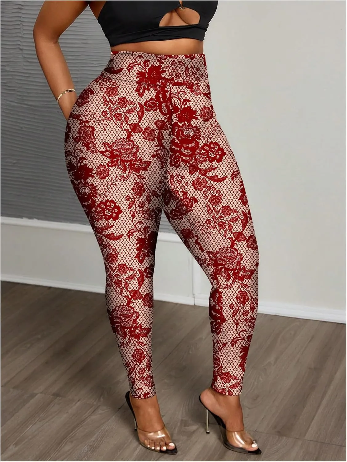 WDIRARA Women's Plus Size Leopard Print Leggings Sheer Mesh High Waist Skinny Pants
