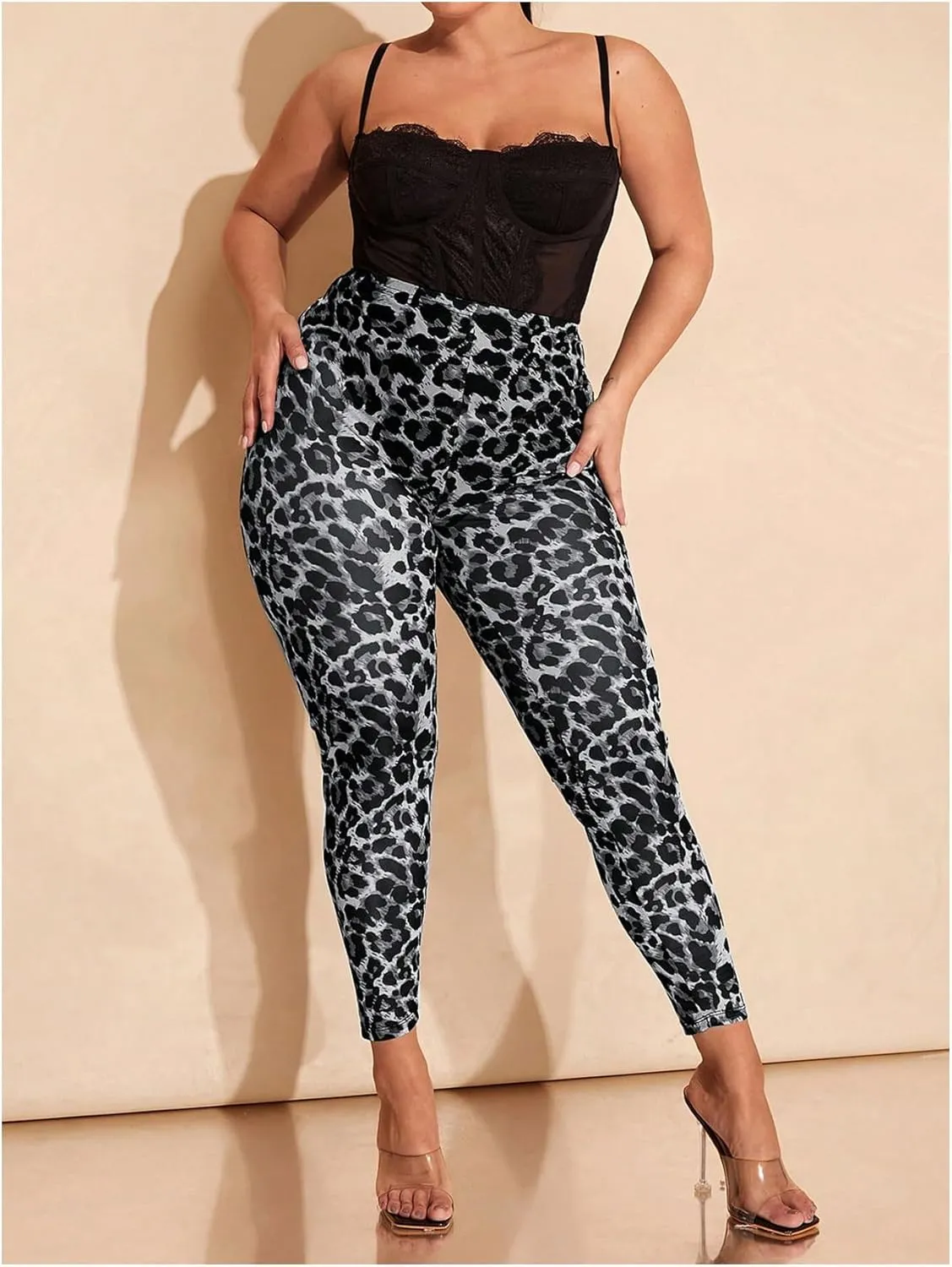 WDIRARA Women's Plus Size Leopard Print Leggings Sheer Mesh High Waist Skinny Pants