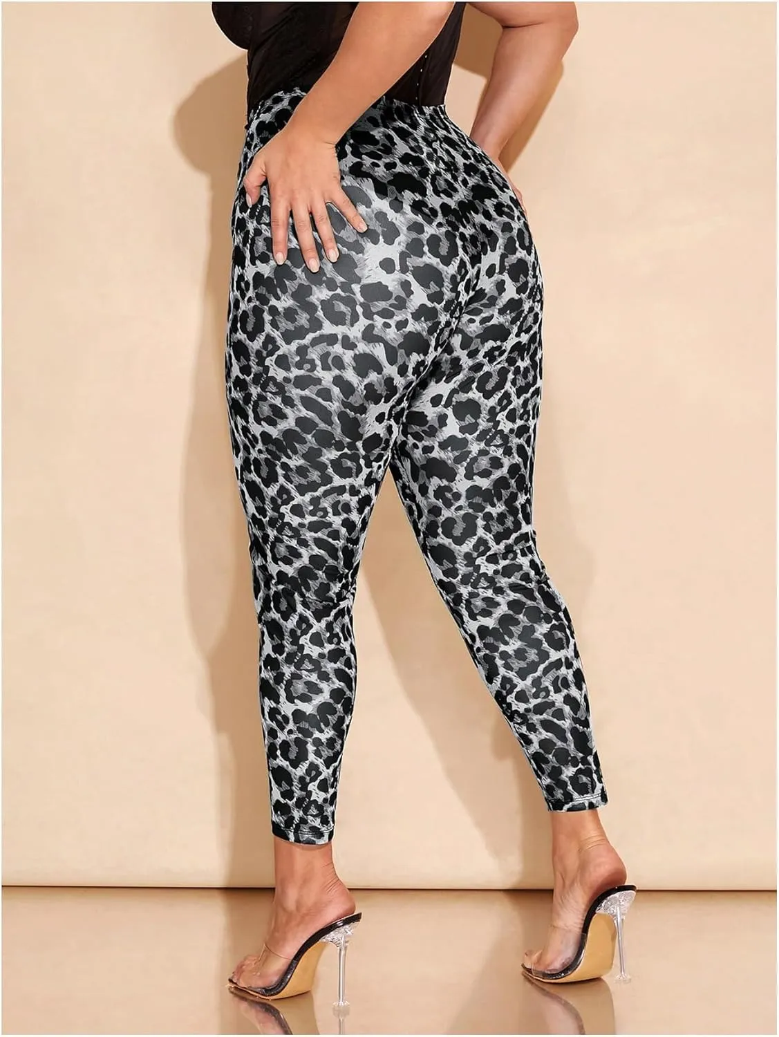 WDIRARA Women's Plus Size Leopard Print Leggings Sheer Mesh High Waist Skinny Pants