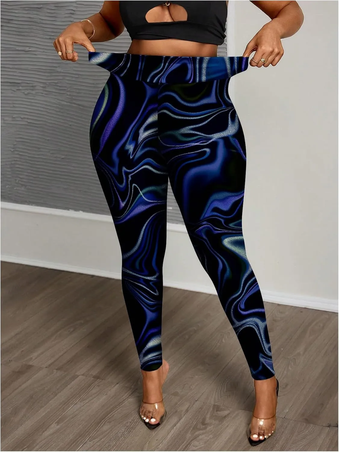 WDIRARA Women's Plus Size Leopard Print Leggings Sheer Mesh High Waist Skinny Pants