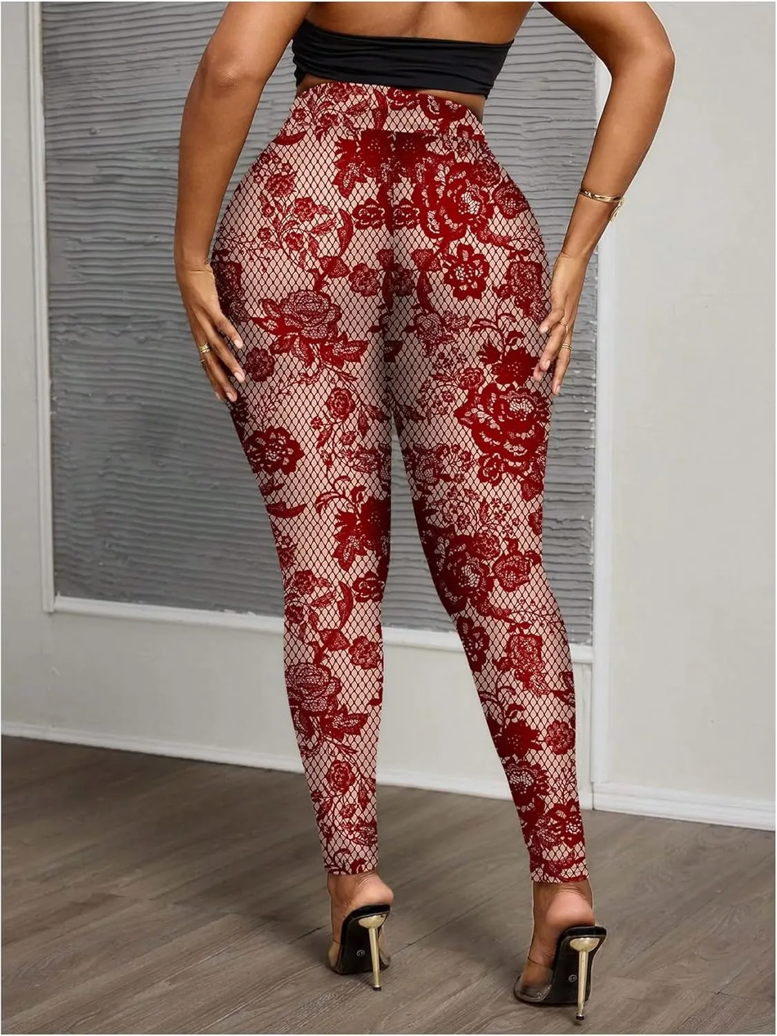 WDIRARA Women's Plus Size Leopard Print Leggings Sheer Mesh High Waist Skinny Pants