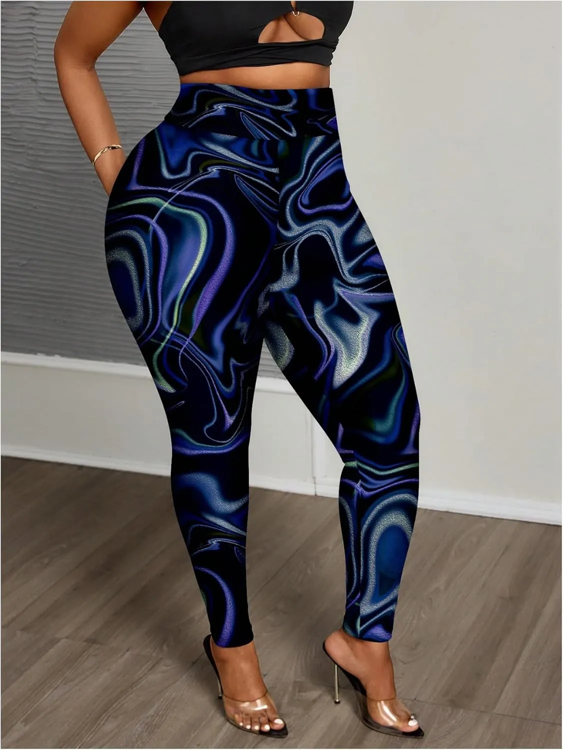 WDIRARA Women's Plus Size Leopard Print Leggings Sheer Mesh High Waist Skinny Pants