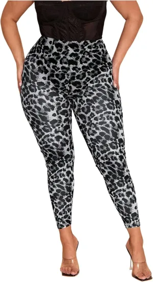 WDIRARA Women's Plus Size Leopard Print Leggings Sheer Mesh High Waist Skinny Pants