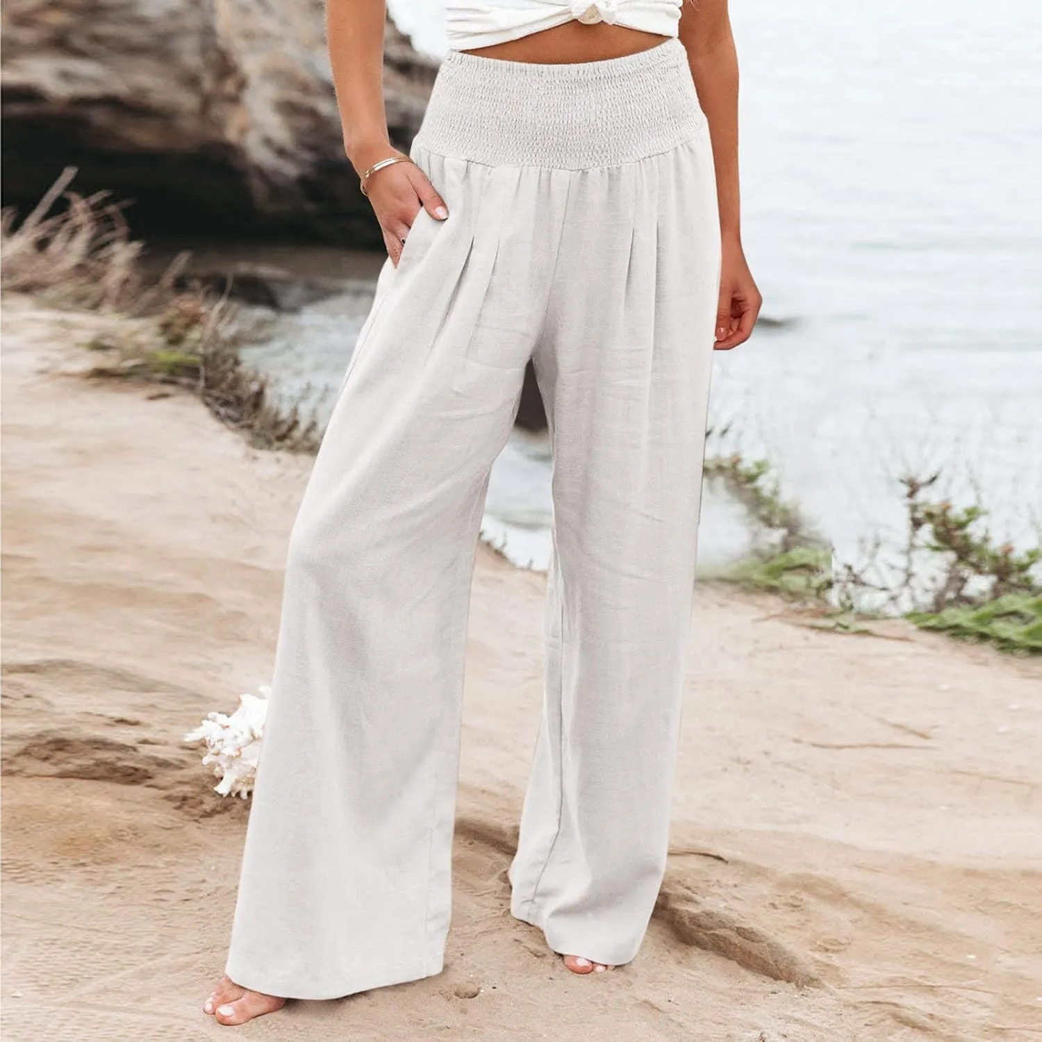 Wide Leg Linen Pants for Women Summer Elastic Waistband Palazzo Pants Flowy Casual Pants Loose Fit Cotton Linen Trousers