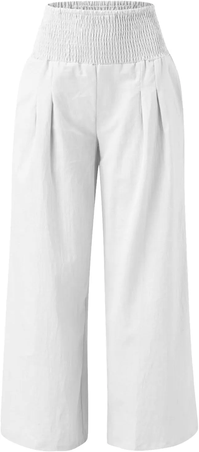 Wide Leg Linen Pants for Women Summer Elastic Waistband Palazzo Pants Flowy Casual Pants Loose Fit Cotton Linen Trousers