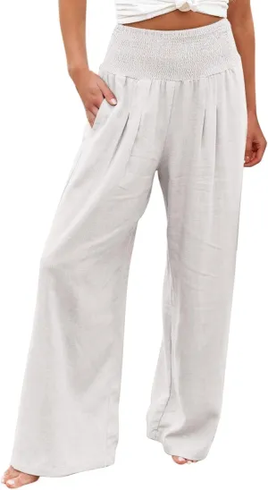 Wide Leg Linen Pants for Women Summer Elastic Waistband Palazzo Pants Flowy Casual Pants Loose Fit Cotton Linen Trousers