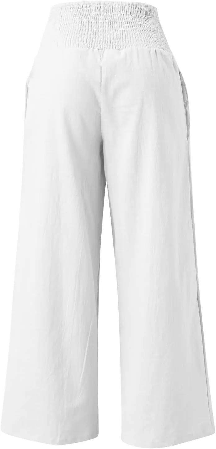 Wide Leg Linen Pants for Women Summer Elastic Waistband Palazzo Pants Flowy Casual Pants Loose Fit Cotton Linen Trousers