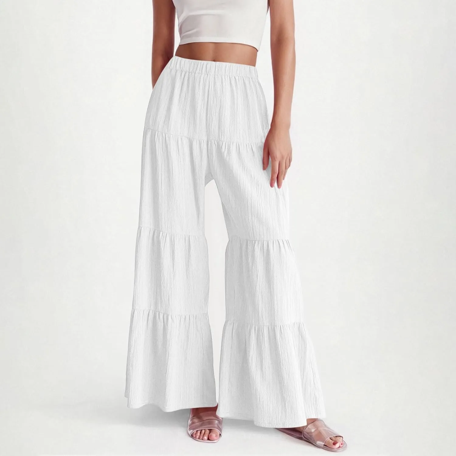 Wide Leg Palazzo Pants for Women Elastic High Waist Pleat Trousers 2025 Fashion Solid Color Baggy Flowy Summer Pants