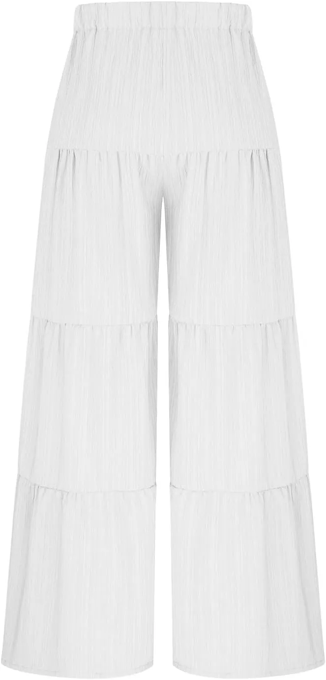 Wide Leg Palazzo Pants for Women Elastic High Waist Pleat Trousers 2025 Fashion Solid Color Baggy Flowy Summer Pants