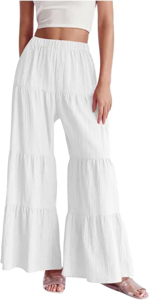 Wide Leg Palazzo Pants for Women Elastic High Waist Pleat Trousers 2025 Fashion Solid Color Baggy Flowy Summer Pants