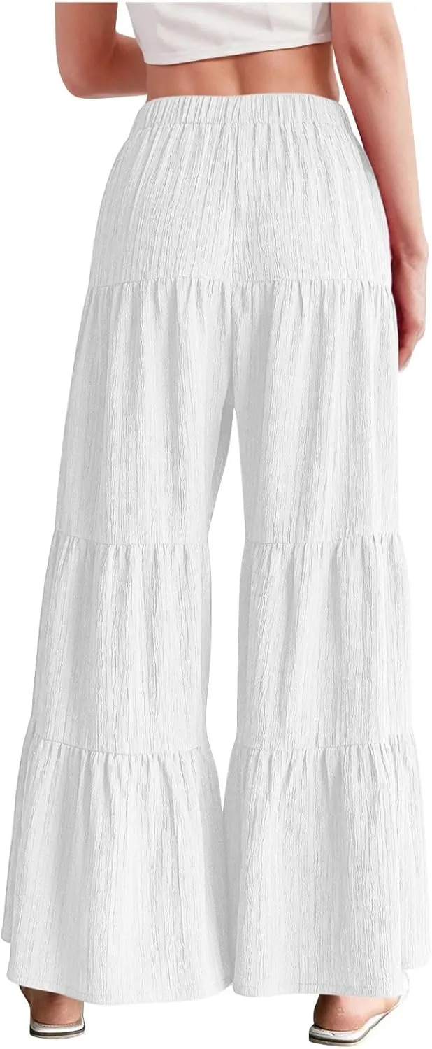 Wide Leg Palazzo Pants for Women Elastic High Waist Pleat Trousers 2025 Fashion Solid Color Baggy Flowy Summer Pants