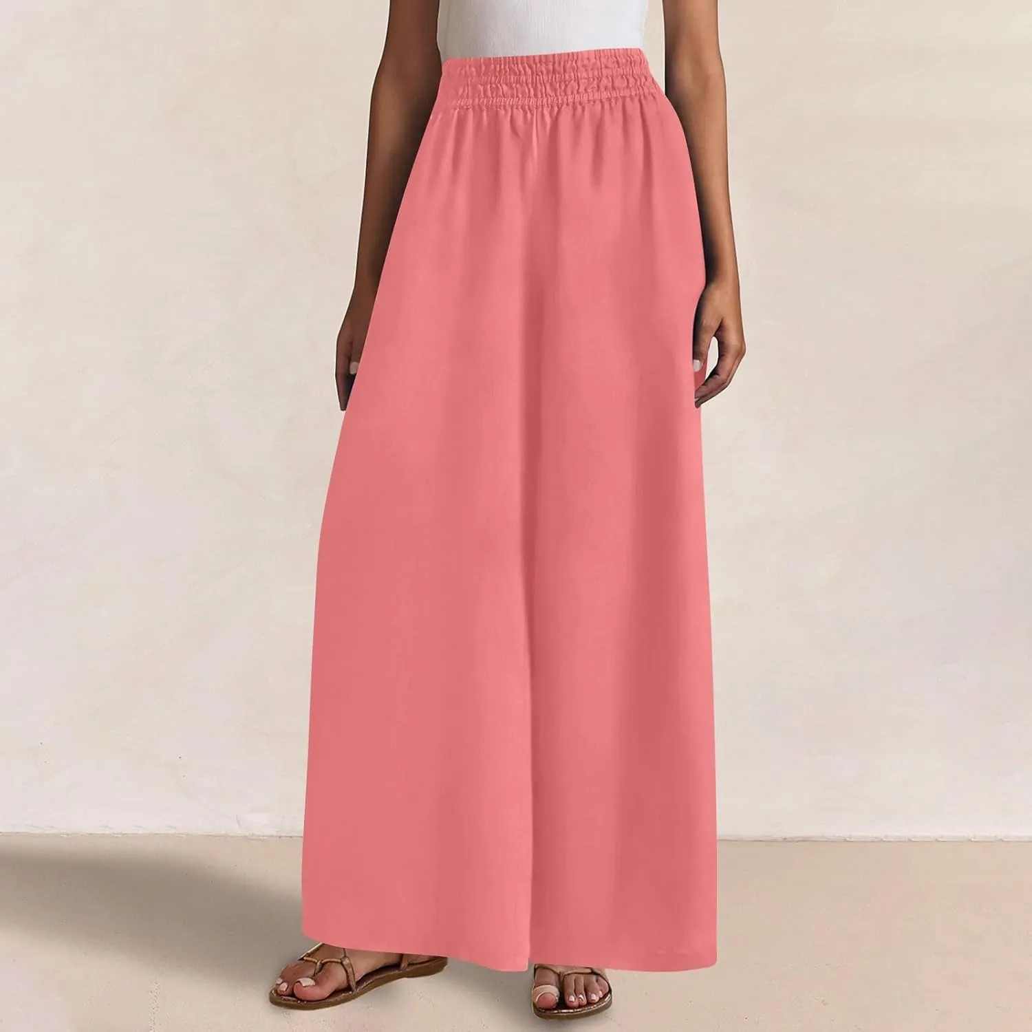 Wide Leg Pants Woman Cotton Linen Summer Dressy Casual Smocked High Waisted Palazzo Trousers with Pockets