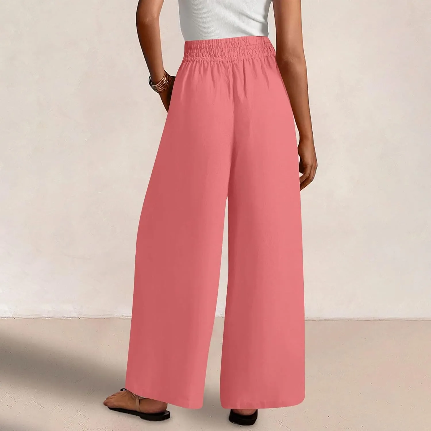 Wide Leg Pants Woman Cotton Linen Summer Dressy Casual Smocked High Waisted Palazzo Trousers with Pockets