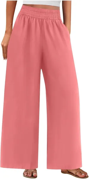 Wide Leg Pants Woman Cotton Linen Summer Dressy Casual Smocked High Waisted Palazzo Trousers with Pockets
