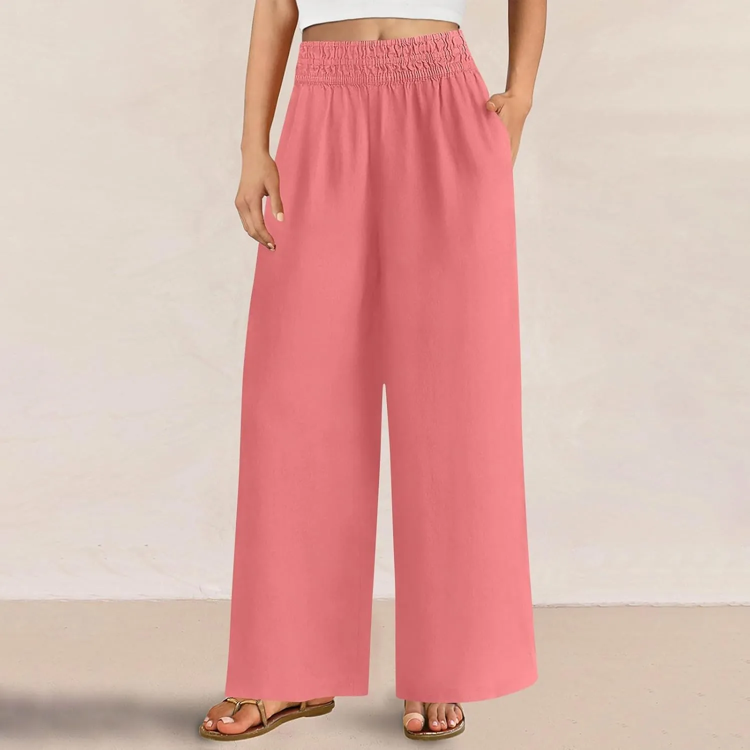 Wide Leg Pants Woman Cotton Linen Summer Dressy Casual Smocked High Waisted Palazzo Trousers with Pockets