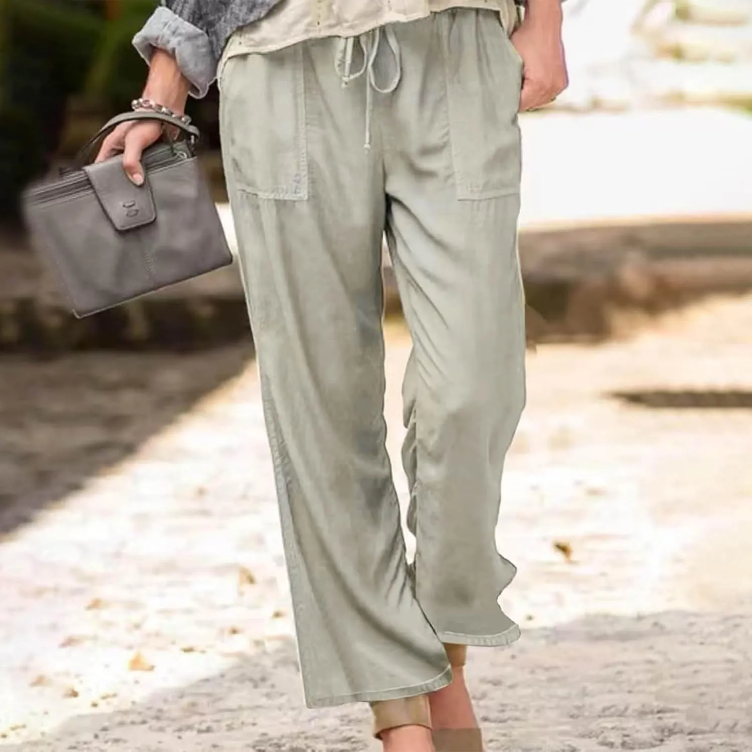 Wide Leg Pants Women Summer 2024 Trendy Straight Leg Pants Cotton Linen Drawstring Elastic Trousers with Pockets