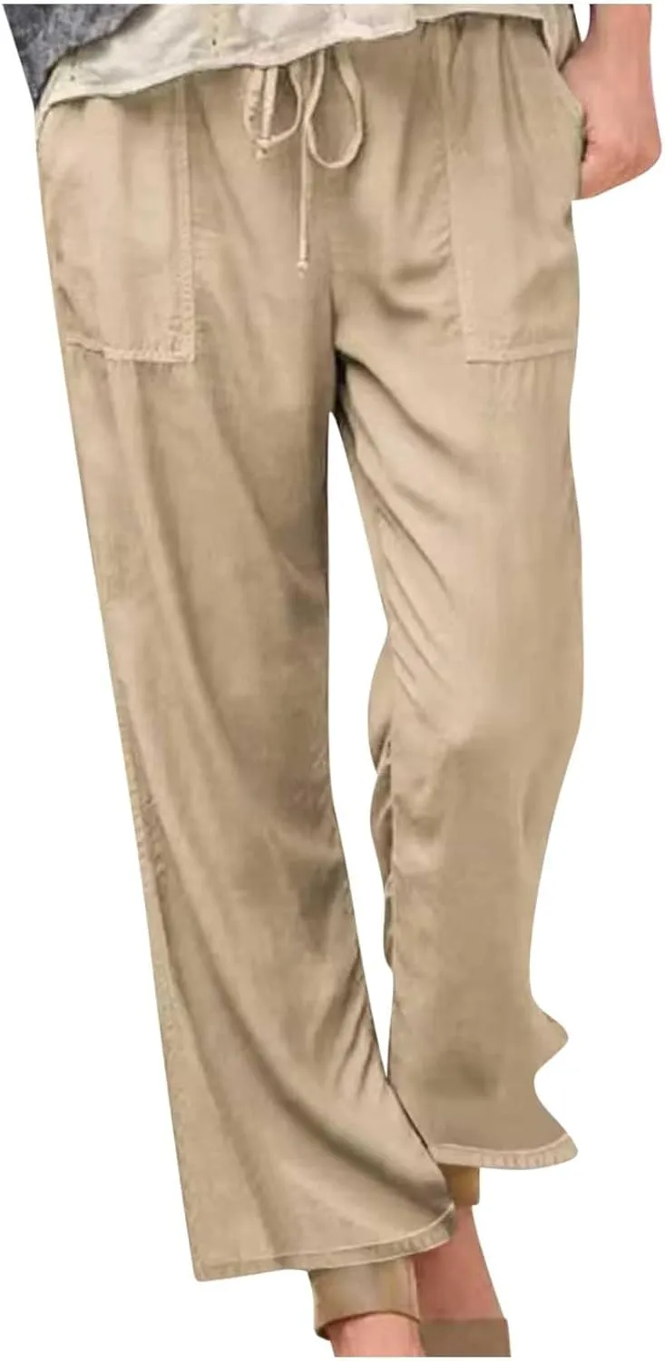 Wide Leg Pants Women Summer 2024 Trendy Straight Leg Pants Cotton Linen Drawstring Elastic Trousers with Pockets