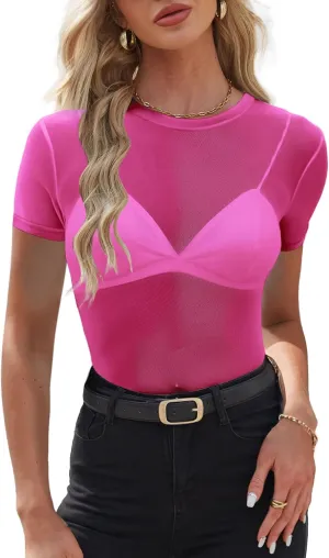 WIHOLL Womens Short Sleeve Mesh Tops Sexy Crew Neck Summer Loose FIt Party Clubwear Shirts