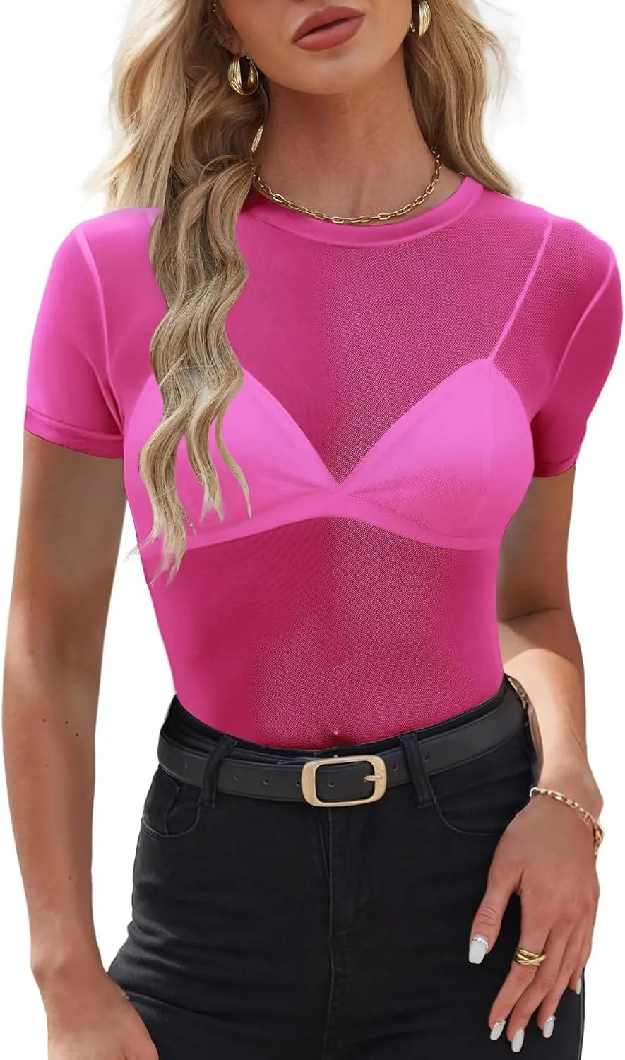 WIHOLL Womens Short Sleeve Mesh Tops Sexy Crew Neck Summer Loose FIt Party Clubwear Shirts