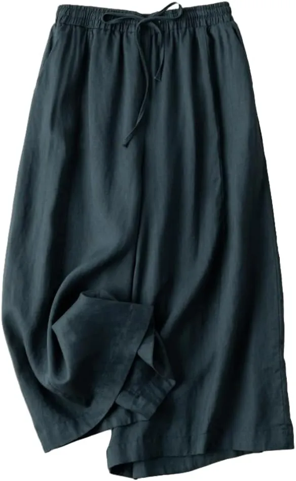 Woman Wide Leg Linen Cropped Pants Elastic High Waist Drawstring Plain Casual Baggy Trousers Lightweight Pant