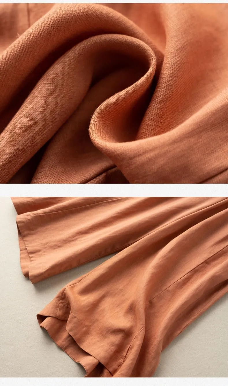 Woman Wide Leg Linen Cropped Pants Elastic High Waist Drawstring Plain Casual Baggy Trousers Lightweight Pant