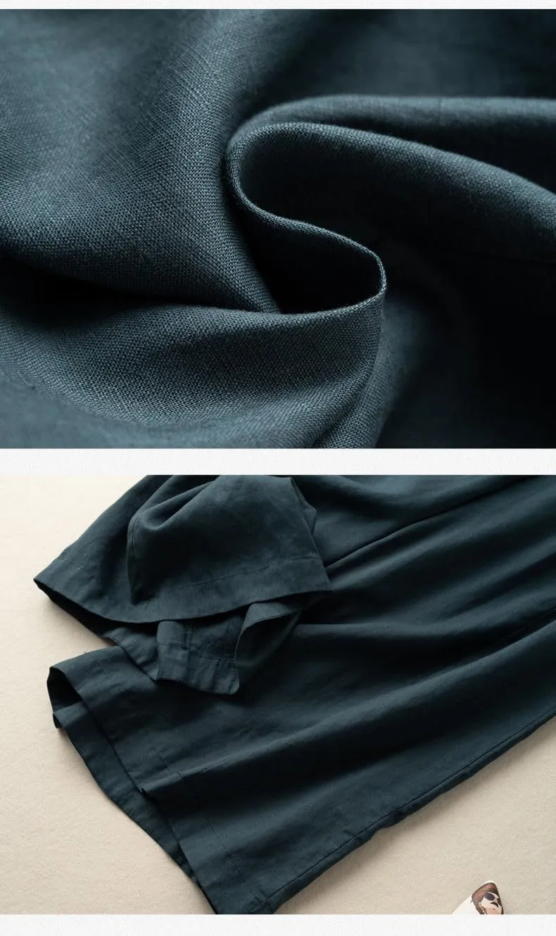 Woman Wide Leg Linen Cropped Pants Elastic High Waist Drawstring Plain Casual Baggy Trousers Lightweight Pant