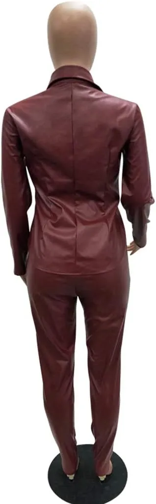 Women 2 Piece Outfits PU Leather Long Sleeve Jacket Top and Bodycon Pants Suits