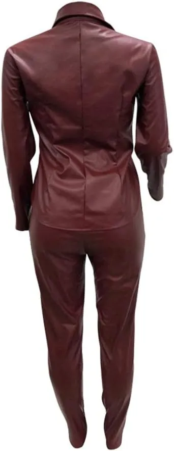 Women 2 Piece Outfits PU Leather Long Sleeve Jacket Top and Bodycon Pants Suits