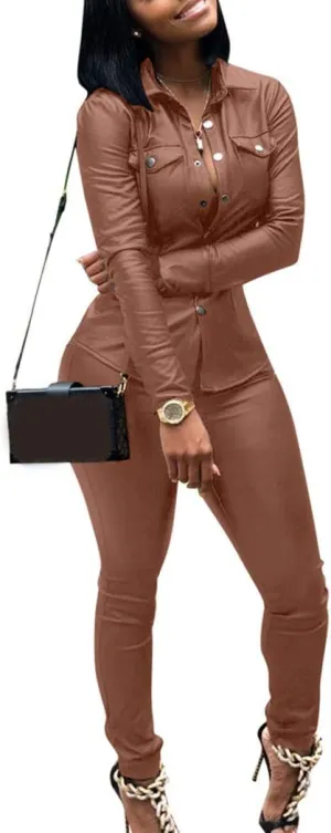 Women 2 Piece Outfits PU Leather Long Sleeve Jacket Top and Bodycon Pants Suits