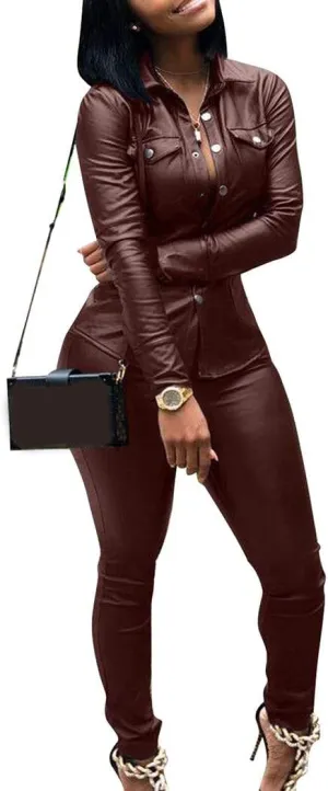 Women 2 Piece Outfits PU Leather Long Sleeve Jacket Top and Bodycon Pants Suits