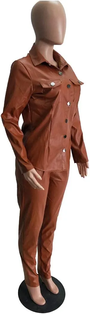 Women 2 Piece Outfits PU Leather Long Sleeve Jacket Top and Bodycon Pants Suits