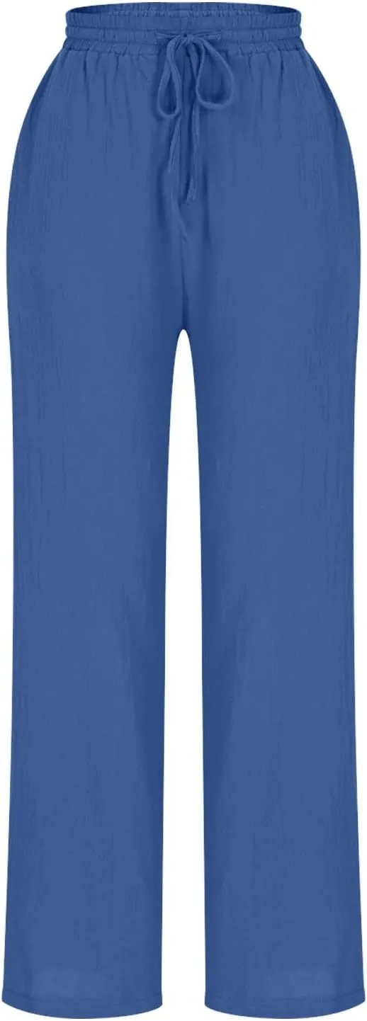 Women Cotton Linen Pants Summer Drawstring Elastic Waist Straight Trousers Casual Wide Leg Beach Pants with Pockets