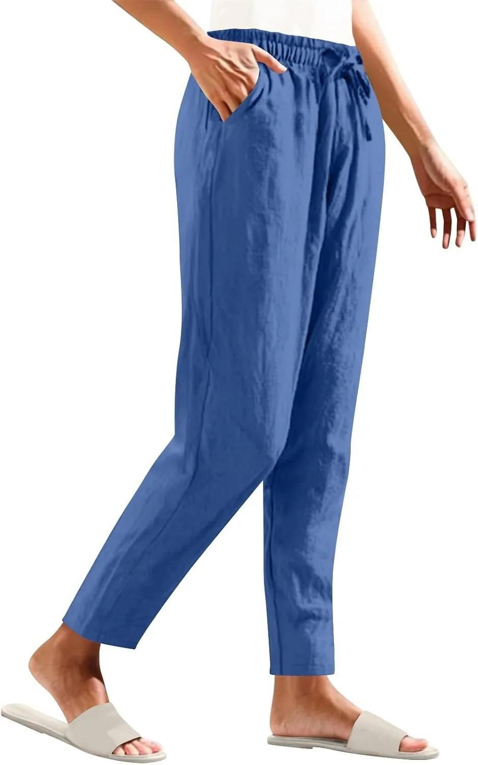Women Cotton Linen Pants Summer Drawstring Elastic Waist Straight Trousers Casual Wide Leg Beach Pants with Pockets