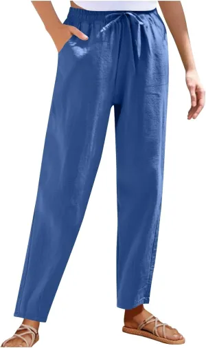 Women Cotton Linen Pants Summer Drawstring Elastic Waist Straight Trousers Casual Wide Leg Beach Pants with Pockets