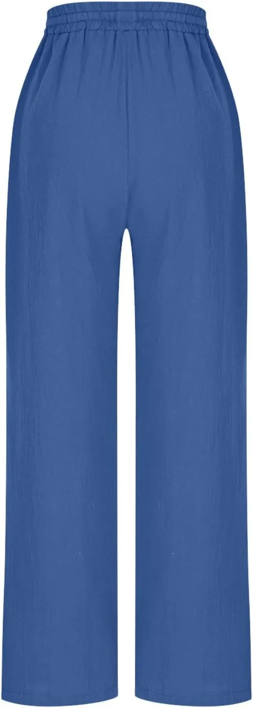 Women Cotton Linen Pants Summer Drawstring Elastic Waist Straight Trousers Casual Wide Leg Beach Pants with Pockets