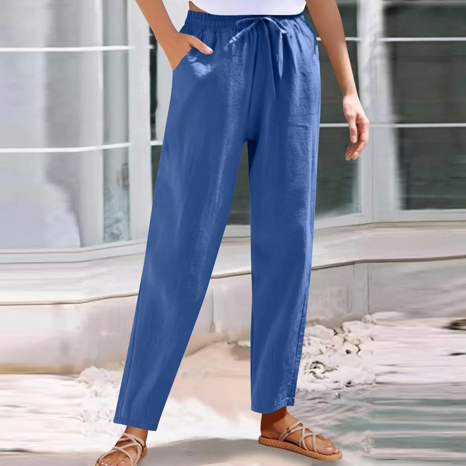 Women Cotton Linen Pants Summer Drawstring Elastic Waist Straight Trousers Casual Wide Leg Beach Pants with Pockets