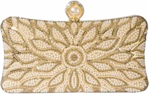 Women Fancy Beaded Rhinestone Evening Bag Unique Top Pearl Clutch Purse Floral Crystal Handbag for Wedding Party