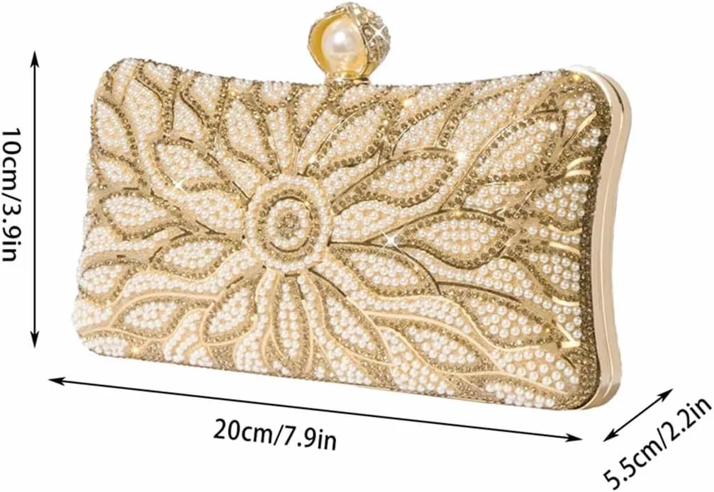 Women Fancy Beaded Rhinestone Evening Bag Unique Top Pearl Clutch Purse Floral Crystal Handbag for Wedding Party