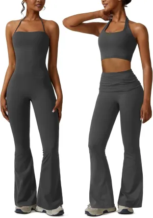 Women Flare Jumpsuits Halter Neck and Flared Leggings Double Ways to Wear Flare Yoga pants