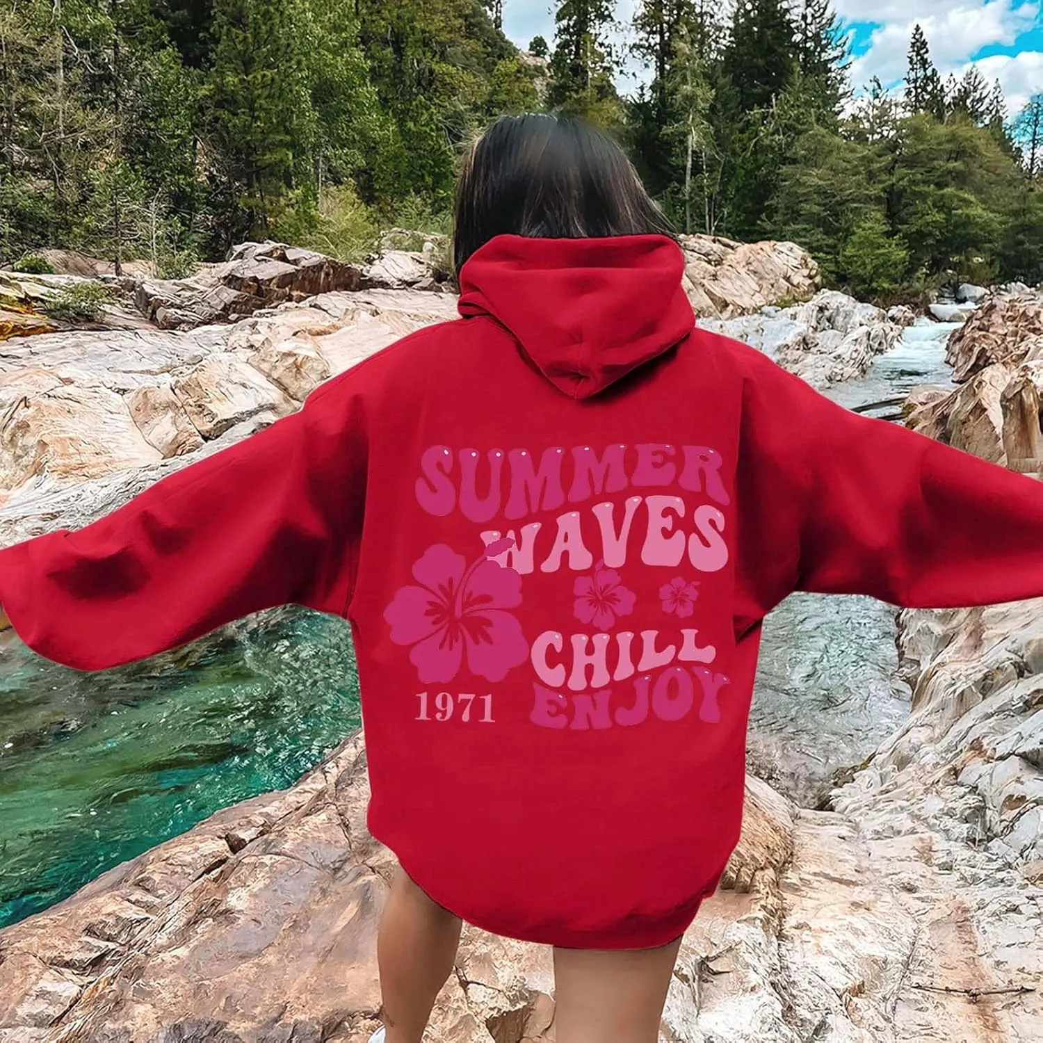 Women Graphic Summer Waves Chill Enjoy Letter Hoodie Oversized Drawstring Sweatshirt with Kangaroo Pocket
