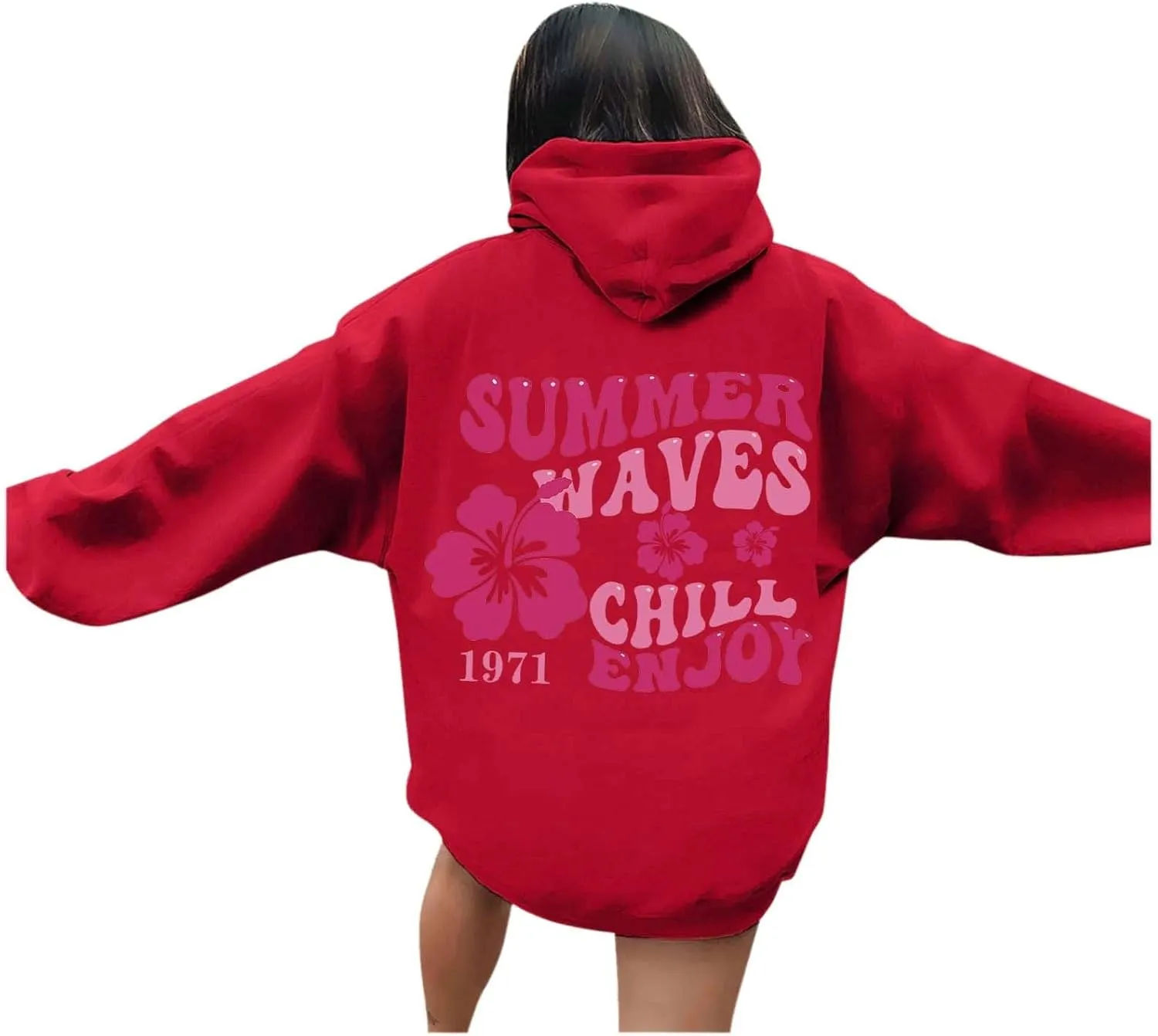 Women Graphic Summer Waves Chill Enjoy Letter Hoodie Oversized Drawstring Sweatshirt with Kangaroo Pocket