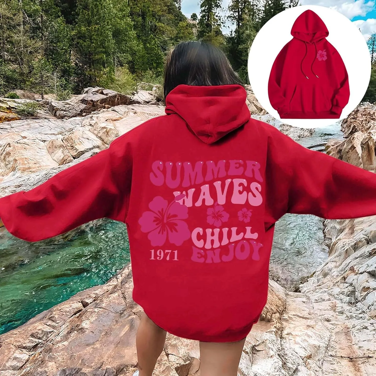 Women Graphic Summer Waves Chill Enjoy Letter Hoodie Oversized Drawstring Sweatshirt with Kangaroo Pocket