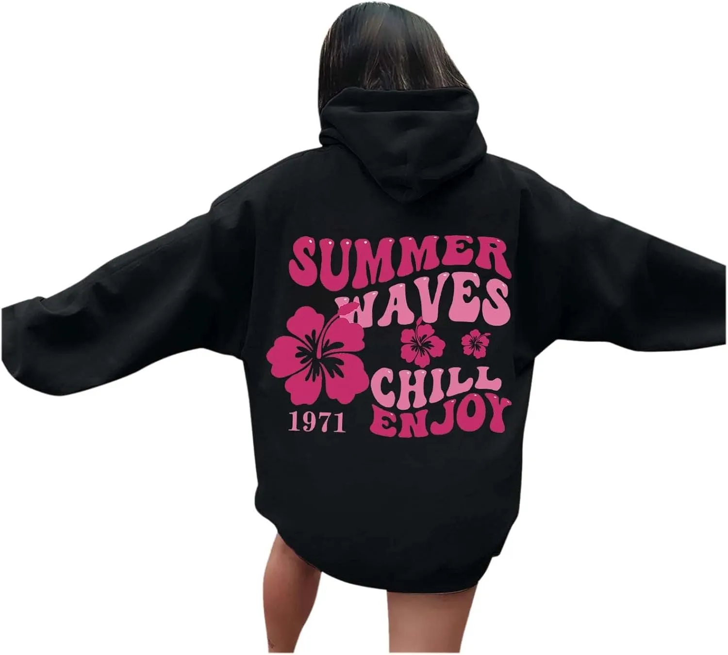 Women Graphic Summer Waves Chill Enjoy Letter Hoodie Oversized Drawstring Sweatshirt with Kangaroo Pocket