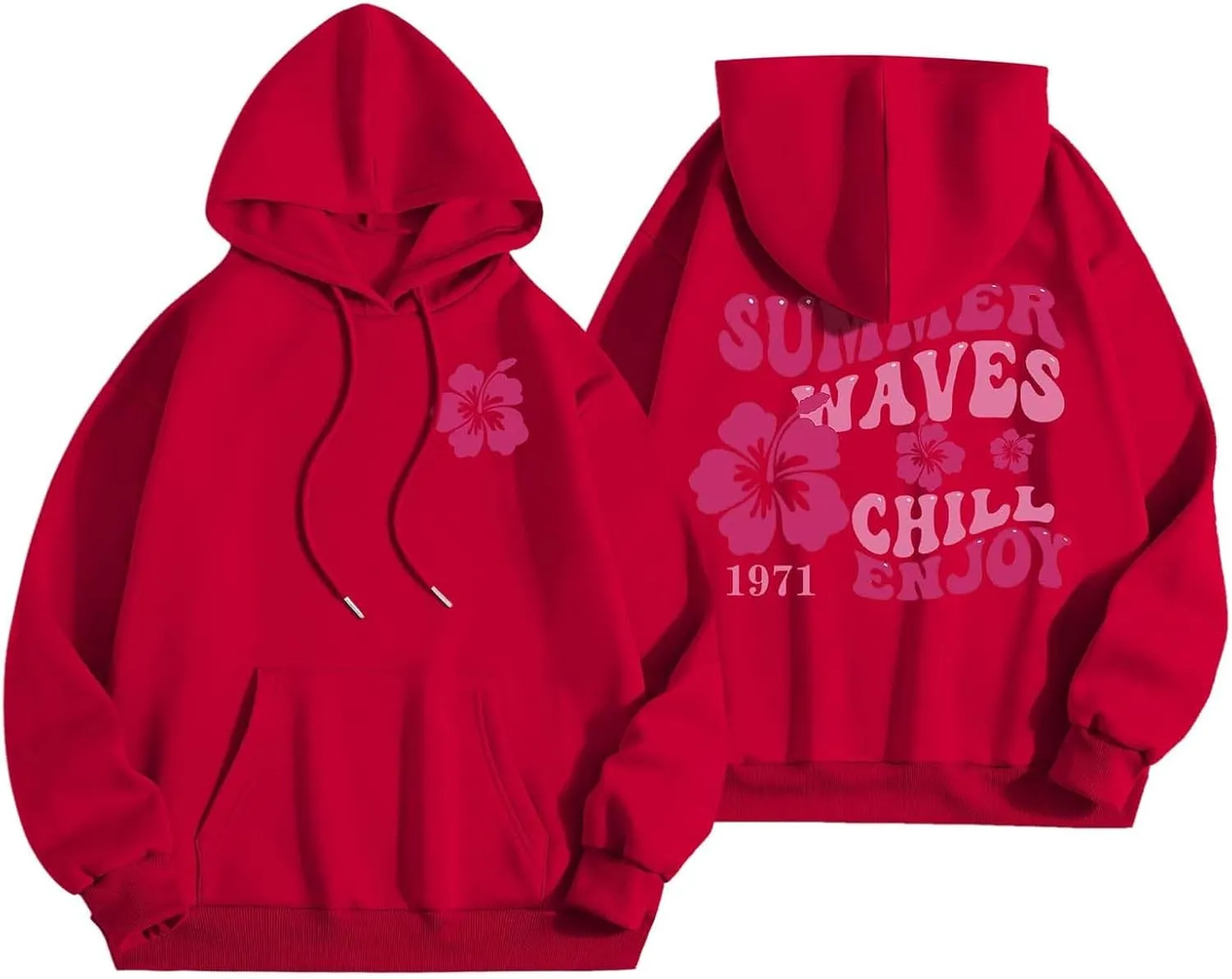 Women Graphic Summer Waves Chill Enjoy Letter Hoodie Oversized Drawstring Sweatshirt with Kangaroo Pocket