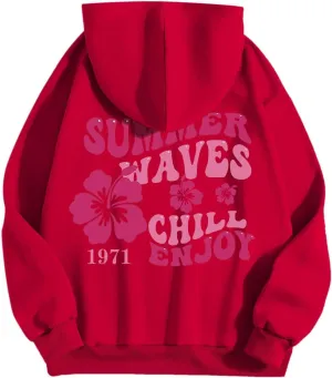 Women Graphic Summer Waves Chill Enjoy Letter Hoodie Oversized Drawstring Sweatshirt with Kangaroo Pocket