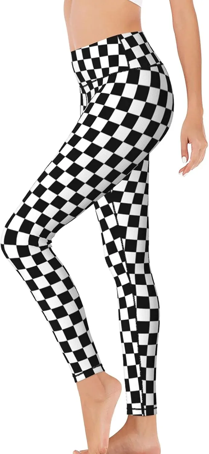 Women High Waisted Leggings Black White Race Checkered Flag Pattern Yoga Pants Tummy Control for Running Sports